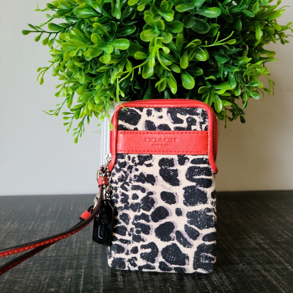 Coach Ocelot Leather & Canvas Cardholder Wristlet